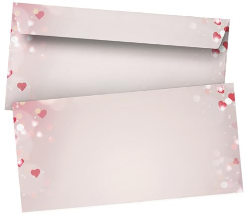 50 Briefumschläge DIN Lang | Herzen Liebe Rosa Rose Rot | selbstklebend ohne Fenster | Brief-Umschlag mit Design-Motiv bedruckt | 90 g/m²