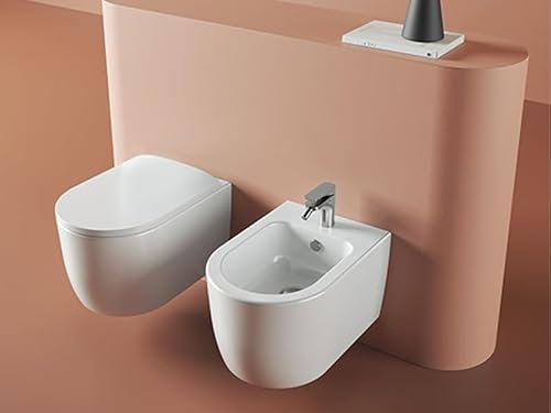 Artceram Monet sanitarios suspendidos, jarrón sin brida, bidé y tapa de jarrón con embrague, MNV001.01+MNB001.01+MNA001.01-Blanco Brillante