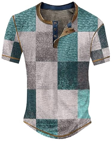LOIJMK Maglia da uomo a maniche corte per il tempo libero, a righe, a quadretti, retro west-denim, stampa a bottone, maglietta da uomo, Blu, XXL