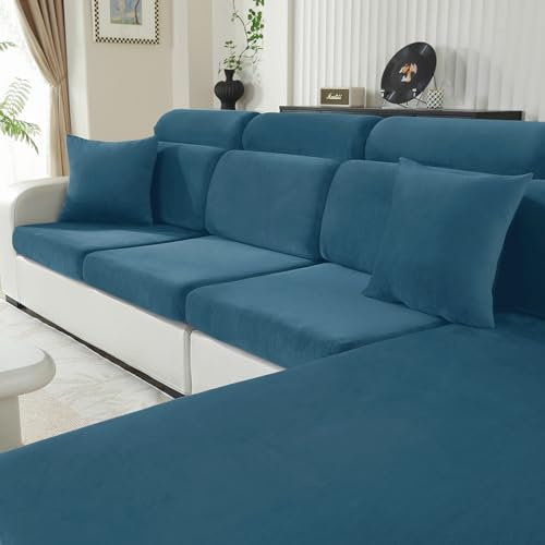 CYCMACO Samt Sitzkissenbezug, Stretch Sofa Sitzkissenbezug rutschfest, Universal Sofa Überzug Wohnzimmer, Elastischer Kissenbezüge, Waschbare(Großer 1-Sitzer, Pfau Blau)