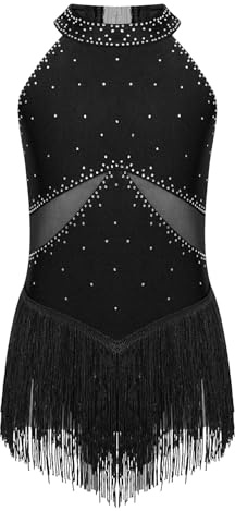 CHICTRY Body Ginnastica con Nappe Frange Bambina Paillettes Abito da Ballo Latino Americano Leotard Danza Classica Vestito da Jazz Rumba Salsa Performance Nero 9-10 Anni
