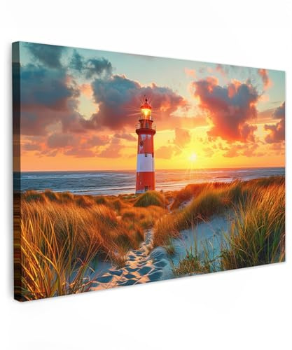 MuchoWow© Bilder Groß XXL Wohnzimmer Deko Modern Wandbild Foto auf Leinwand | 120x80 cm - Bild Schlafzimmer über Bett Room Decor Geschenke Leuchtturm - Sonnenuntergang - Dünen - Horizont