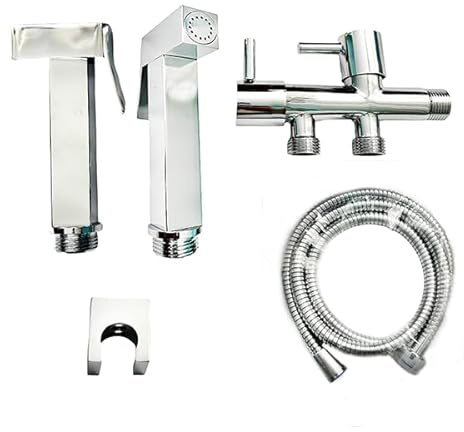 Kit de douchette WC HAUTE QUALITE en laiton Chromé Design moderne, Robinet 3 voie, Support et Flexible
