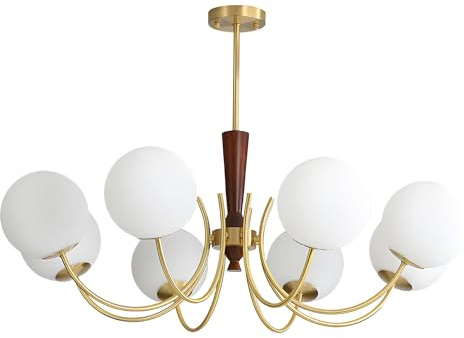 KCO Lighting 8 Light Gold Kronleuchter Mid Century Modern Globe Kronleuchter Gebürstetes Messing Kronleuchter für Esszimmer Rustikaler Vintage Holz Kronleuchter Milchglas Pendelleuchten Kücheninsel