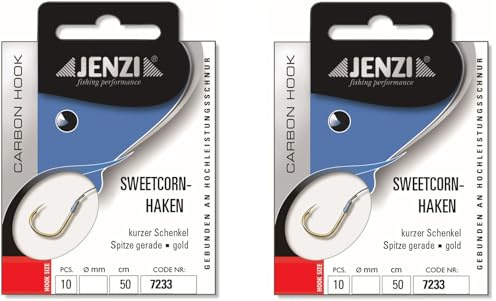 Set # 2 Packungen gebundene Mais-Haken Karpfen von Jenzi, Allroundhaken,(20 Stück) an Mono Schnur 50cm Hakengröße 6, 8, 10, 12, 14 Vorfach fertig + gratis Petri Heil! Aufkleber