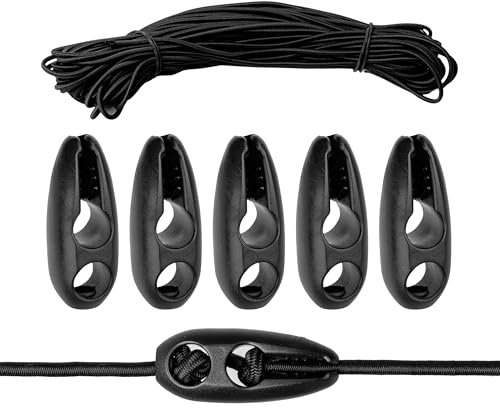 Elastisk gummispännare set, 5-pack, 1200 x Ø 4 mm snöre med matchande snöreklämmor, svart, bagagespännare för varningsskylt Italien, Spanien, Portugal, spännband cykelställ, husvagn, förtält