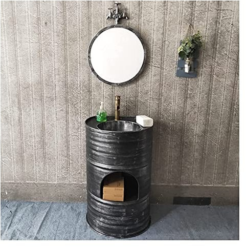 Lavabo de pedestal para baño independiente Art Hotel Home, moderno armario de lavabo con grifo y desagüe, mueble de baño independiente, estilo industrial, mueble de baño(Silver-With mirror)