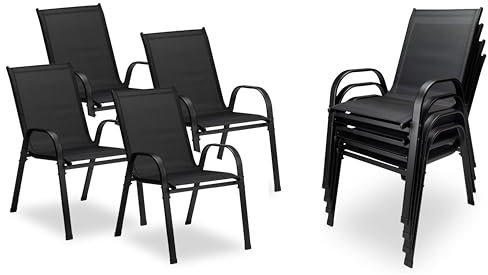 sunnypillow 4er Set Stapelstühle schwarz – Hochlehner Gartenstühle mit Armlehnen, stapelbare Terrassenstühle aus Textilene & pulverbeschichtetem Stahl, belastbar bis 120 kg, ideal für Innen und Außen