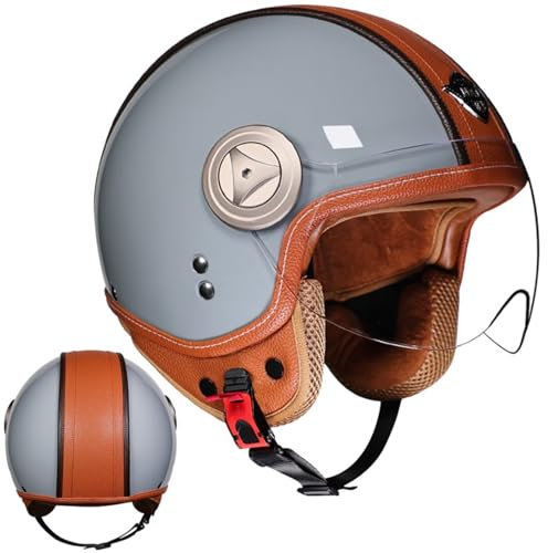 Retro Helm Motorrad, Vintage Jethelm Motorradhelm ECEDOT Zertifizierung Winddichter Motorrad Scooter Semi-Open HelmM 57-58CM