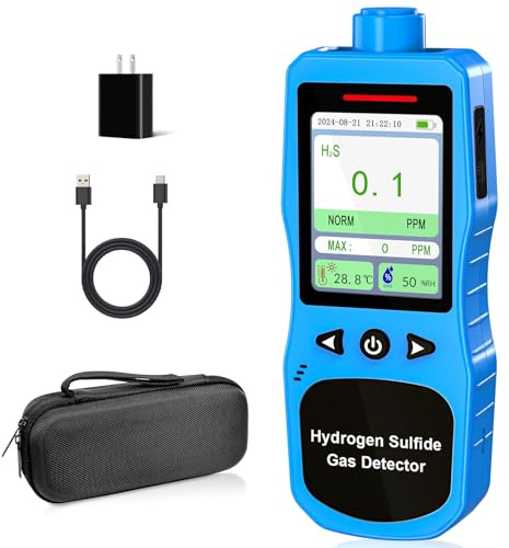 ZYKYCX H2S Monitor Clip On, 0-100 PPM H2S Detector, Portable Hydrogen Sulfide Detector with 3 Alarm Modes, 16H Long Battery Life, H2S Air Quality Meter with Temp & Humidity Tester, Blue