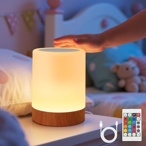 VKH Night Light, 256 RGB Colour LED Touch Bedside Table Lamp with Remote Control Dimmable Light, 5 Brightness Levels, Timer, Hook, USB Rechargeable, Portable Lamp for Bedroom, Living Room, Outdoor Use