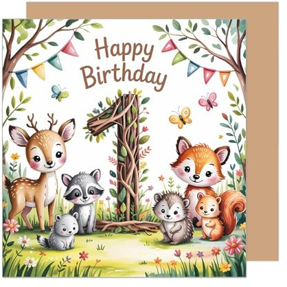 Edition Seidel Premium quadratische Glückwunschkarte zum 1. Geburtstag mit Umschlag. Geburtstagskarte Karte mit englischem Text Happy Birthday für Mädchen Junge Kind Tiere (GQ534 SW025)
