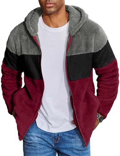COOFANDY Veste Polaire Teddy pour Homme Veste de Transition Sherpa Sweat Patchwork avec Capuche Gris foncé + Noir + Bordeaux L