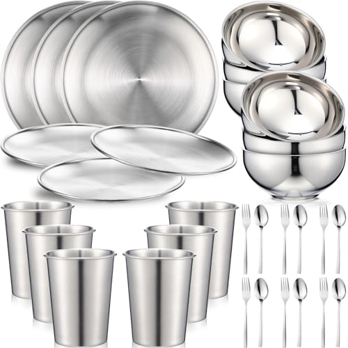 Jinei 30 Pcs 304 Stainless Steel Dinner Set Stainless Steel Plates and Bowls Include Plates Bowls Cups Forks Spoons Utensil Reusable Metal Camping Dinnerware Tableware for Kitchen (Silver,Large)