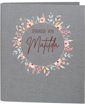 Striefchen® Zeugnismappe personalisiert mit Name – Leinenstoff – 5 Farben zur Auswahl – Blumenkranz-Motiv – DIN A4 – 4-Ring-Ordner für Mädchen – Mappe zur Aufbewahrung von Schulzeugnissen (Grau)