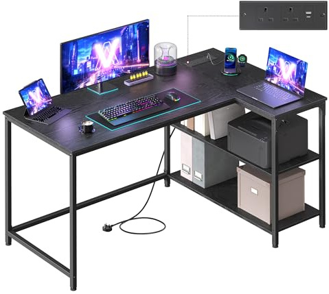 VASAGLE L Shaped Corner Desk, Computer Gaming Desk with Storage, Reversible Height-Adjustable Shelves, for Home Office, with Power Outlets 2 USB Ports, 120 x 80 cm, Ebony Black LWD132BE02