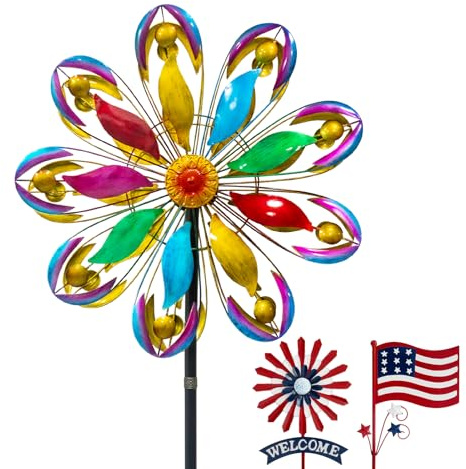 Wind Spinners Outdoor, 84 Large Metal Kinetic Wind Sculptures for Garden, Colorful Yard Art with 2 Piece Welcome Flag Decoration