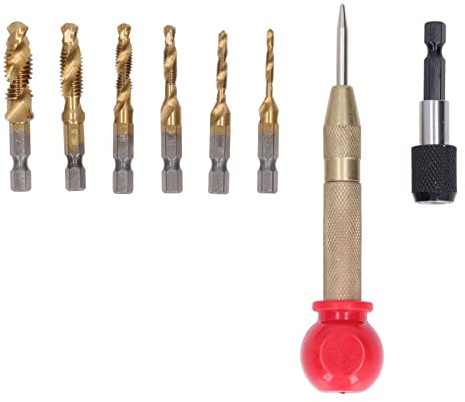LOCADENCE Juego de 8 machos de roscar, juego de brocas y machos de roscar combinados, vástago hexagonal, revestimiento de Ti HSS, juego de puntas de taladro combinadas métricas