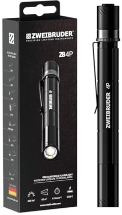 Zweibrüder ZB4P Lampe Stylo LED Rechargeable 400 lm – Lampe Stylo Compacte avec Fonction Focus, USB-C, Dual Functional Optic, Lampe de Poche pour Inspection, Travail et Usage Quotidien