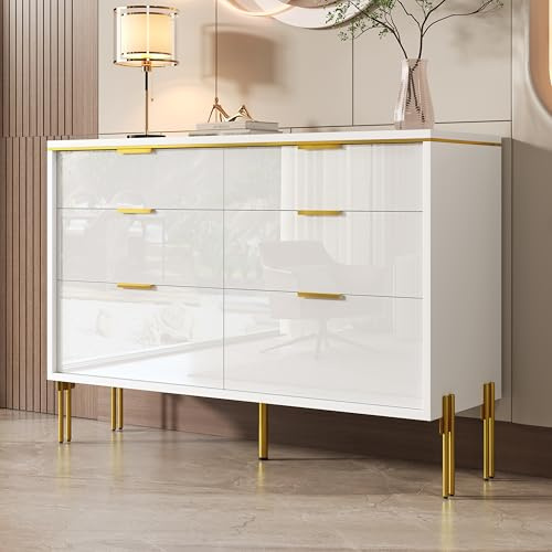 FammyLoft Moderner Sideboard-Schrank mit 6 Schubladen, Wohnzimmerschränke mit Großer Stauraum und Hochglanz-Fronten, Kommoden für Wohnzimmer, Essbereich & Flur, 120 * 40 * 85,5cm, Weiß