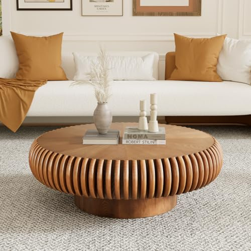 FeiZhiYanS Runder Couchtisch mit geriffelter Trommelform | Einzigartiges Design, Moderner minimalistischer Beistelltisch, Furniertes Holz, Für das Wohnzimmer
