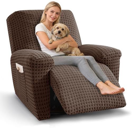 MAXIJIN Recliner Chair Cover, 3-Pieces Stretch Recliner Covers for Reclining Chair Slipcovers Washable Lazy Boy Furniture Protector with Pocket & Elastic Band (Brown)