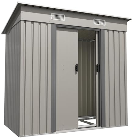 Devoko Metall Geräteschuppen 196x122x182cm mit Fundament, 3.6m³ Gerätehaus mit Pultdach und Schiebetür, Outdoor, Wetterfest, Gartenschuppen für Fahrrad,Terrasse, Rasen, Grau