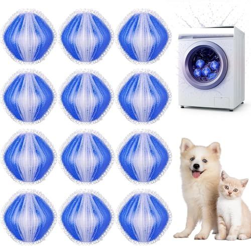 Tierhaarentferner für Waschmaschine, 12 Stück Wiederverwendbare Fusselbälle Waschmaschine Effektiver Haarfänger gegen Hundehaare & Katzenhaare (Blau)