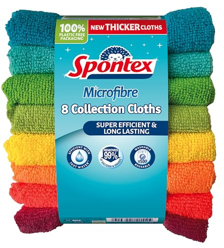 Spontex Microfibre Cleaning Cloths, 8 Count, Assorted Colours, 30x30cm, for Dusting, Dish Cloths & Kitchen Towels - 4 Pack (Full Case)
