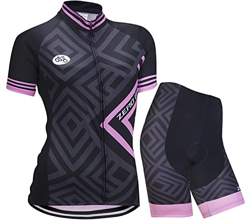 Femmes Vélo Cyclisme Respirant à séchage Rapide Maillots Set, Jersey Cycle Manches Courtes Veste + 3D Coussin Rembourré Serré Shorts Pantalon, M, Diamant Rose