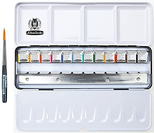 Schmincke Aquarellfarbe, Akademie Aquarell Malkasten, Metallkasten, 12 x 1/2 mit Da Vinci XS Synthetic Brush Voyage Näpfchen