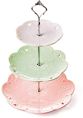 YBK Tech - Piatto da portata in porcellana a 3 ripiani per dolci, con asta argentata, colore: bianco+verde+rosa
