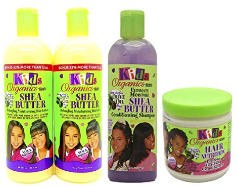 Africa's Best Kids Organics | 4er-Set | 2 x entwirrende und feuchtigkeitsspendende Haarlotion | 1 x Pflegeshampoo „Ultimate Moisture“ mit Sheabutter | 1 x Pflegespülung mit Proteinen