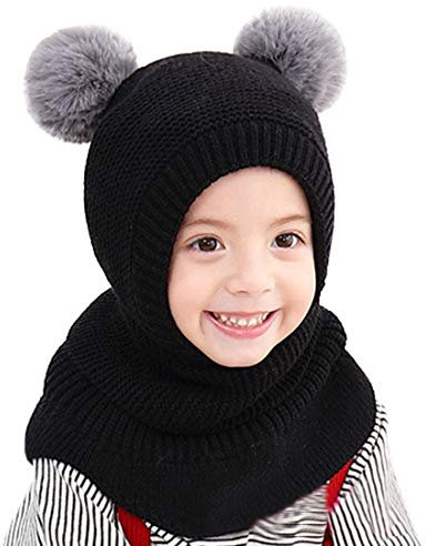 YONKOUNY Kinder Mädchen Wintermütze Warm Niedlich Schlupfmütze mit Bommel Beanie Strickmütze Schalmütze Fleece Mütze (Schwarz)