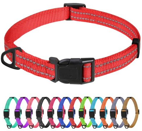 TagME Nylon Hundehalsband, Verstellbares Reflektierendes Hundehalsband mit Sicherheitsschnalle für Extra Kleine Hund, Rot, 1.5cm Breite