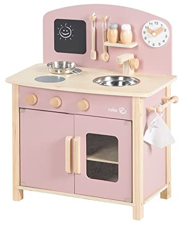 roba Spielküche, weiß, natur, mauve/rosa Spielzeug-Küchenzeile mit 2 Kochstellen, Spüle, Wasserhahn & Zubehör