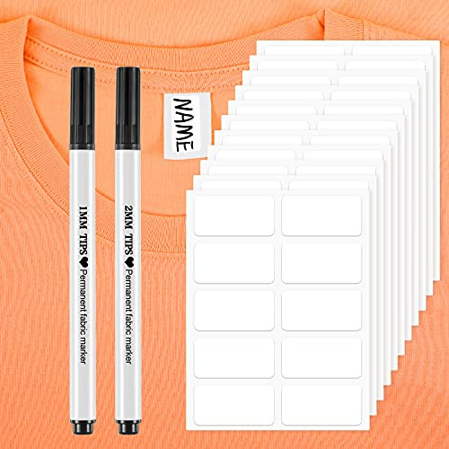 Outus 100 Pieces Name Labels for Clothes, No Iron Self Adhesive, 2 Markers | Identify Clothing,1.2x0.6 Laundry Tag,Washer Writable Label Maker,No Sewing,for Nursing Home,School,Daycare,Kid,Camp