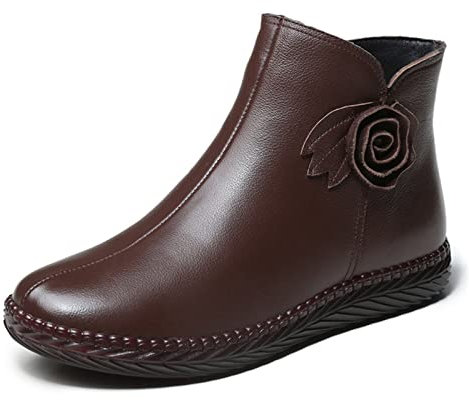 Damen Stiefel,Lederschuhe,Schwarze Stiefel,Flache Schuhe für Frauen,Kuhfell Plus Samt Warme Stiefeletten,Leder Blumendekoration,Seitliches ReißVerschlusssystem,Brown-39