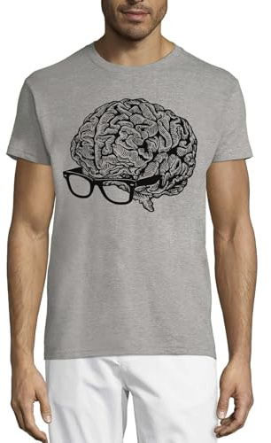 Svart och vit hipster stor hjärna smarta glasögon rund hals bomull herr t-shirt grå, Grått, XL