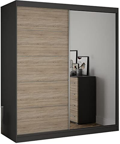 Fabryka Mebli Idźczak Kleiderschrank mit Spiegel - Schwebetürenschrank, Schlafzimmerschrank - Sonoma, Grau Schrank für Schlafzimmer, Ankleidezimmer - 61 x 183 x 218 cm - Garderobenschrank