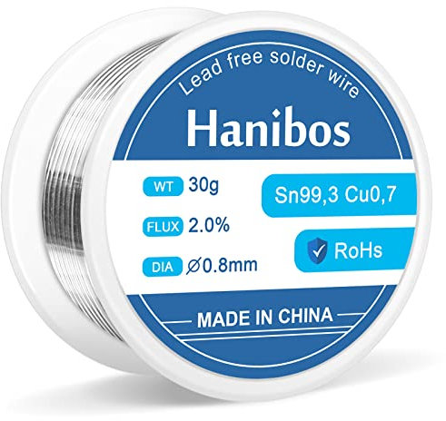 Lötzinn 0,8 mm 30g, Hanibos Lötzinn mit Flussmittel Sn99,3 Cu0,7 Lötdraht mit Kolophoniumkern zum Elektrolöten und Heimwerken