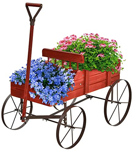 GYMAX Scaffale Porta Piante, Carrello Fioriera da Giardino, in Legno di Abete e Ferro con 4 Ruote e Manico Regolabile, 62 x 34 x 61 cm (ROSSO)