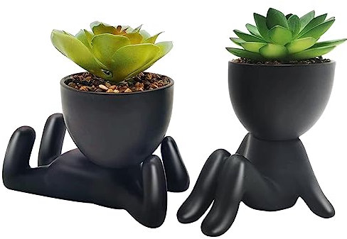 2 Pack Cute Fake Succulent Plants, Small Artificial Plants with Black Human Shaped Ceramic Pots, Mini Artificial Plant Potted Succulents for Desk Office Shelf Home Bedroom Bathroom Decor