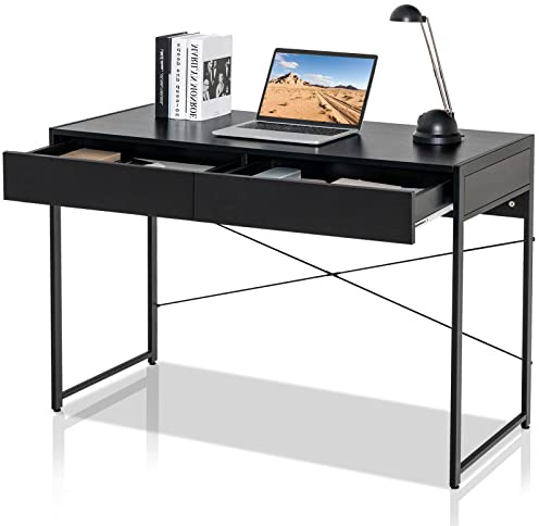 LIFEZEAL Scrivania in Legno Con 2 Cassetti e Porta Computer, Telaio in Acciaio, Stile Vintage, per Studio e Ufficio, Peso Max 116 kg, 112x48x76 cm (Nero)