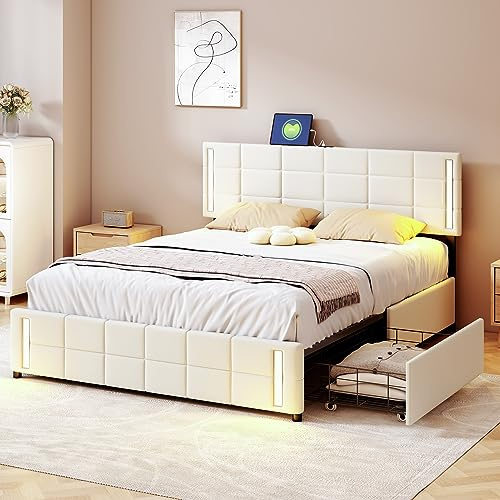 Kehun Polsterbett Doppelbett 140x200 mit 4-LED und 2-USB-Kopfteil, Stauraumbett mit 4 Stauraum Schubladen und Lattenrost, Modern Bett für Schlafräume und Gästezimmer, Leinen, Beige, Ohne Matratze