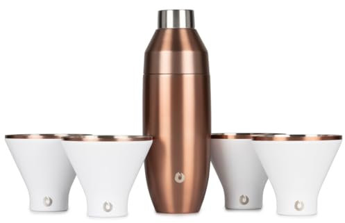 Snowfox Premium Vacuum Insulated Stainless Steel 22oz Cocktail Shaker and 4 Martini Glass Set-Home Bar Accessories-Elegant Drink Mixer-Leak-Proof Lid with Jigger & Built-in Strainer-White/Gold