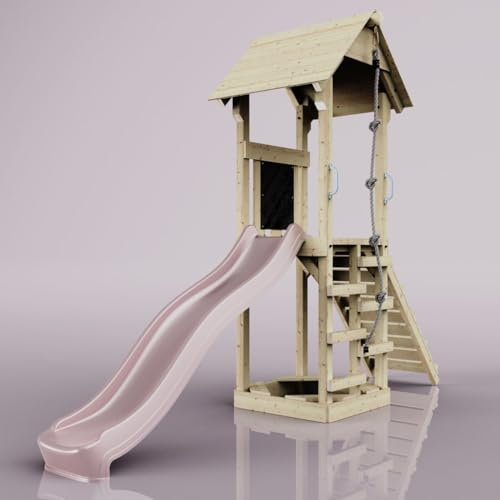 Rebo Spielturm aus Holz mit Wellenrutsche | Outdoor Klettergerüst mit Plattform und Kleterseil