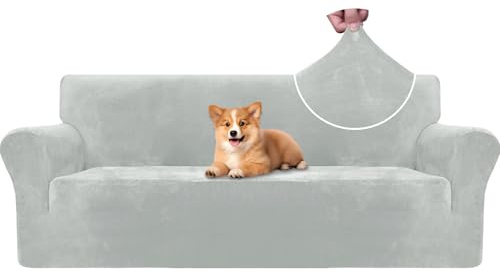 CYCMACO Samt Sofa Überzug 3 Sitzer, Sofabezug Elastische, Couch Überzug Haustier Katze Hunde, Universal Sofa Cover Moderne, Sofahusse Mit Armlehnen, Sofaschoner rutschfest, Silbergrau