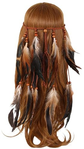 Frauen Bohemian Haarschmuck Feder Quasten Stirnband Haarband mit Federn, indianisch Hippie Boho Festival Party Feder Haarband Kopfschmuck Accessoires Karneval Kostüm, für (Brown, One Size)