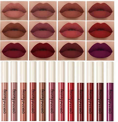 QiBest 12 Stück Matt Flüssig Lippenstift Set für Mädchen Frauen 24 Stunden Dauer Wasserdicht Nude Dunkelrot